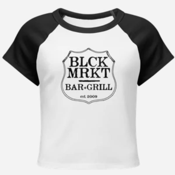 White and black Black Market Bar and Grill logo t-shirt with "est 2009" on the bottom.