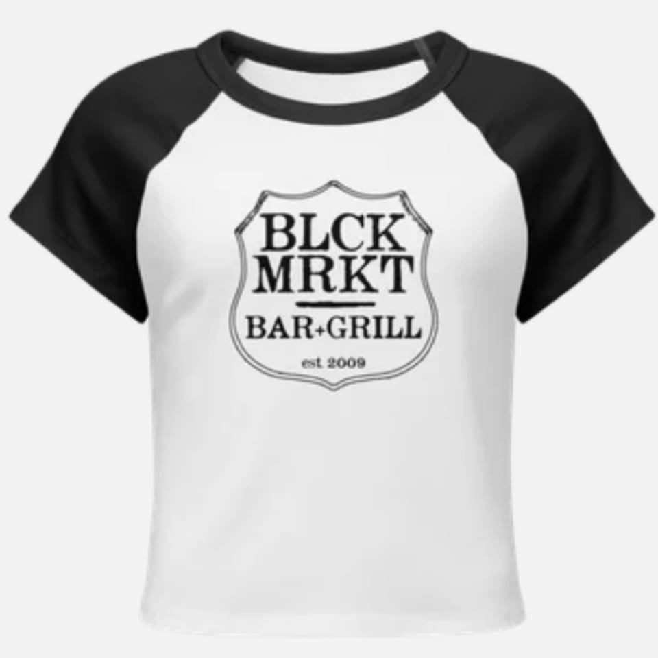 White and black Black Market Bar and Grill logo t-shirt with "est 2009" on the bottom.