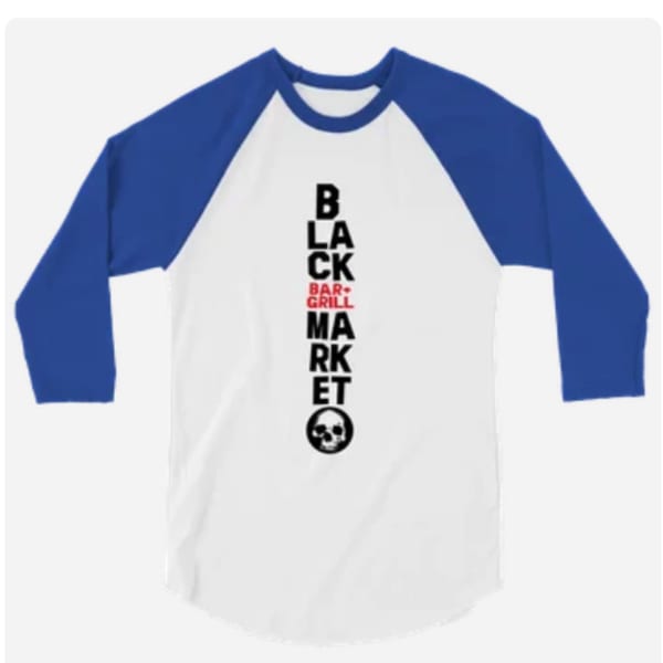 White and blue Black Market Bar and Grill baseball tee with a skull logo.