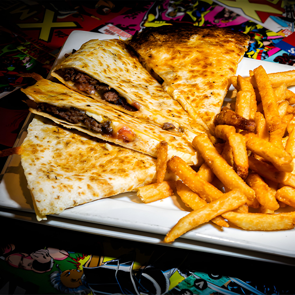 A plate of Black Market Bar and Grill's quesadillas with fries on a comic book background.