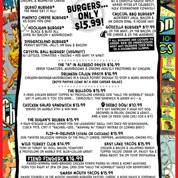 A restaurant menu with various burger, pasta, sandwich, hot dog, and taco options, featuring comic book art.