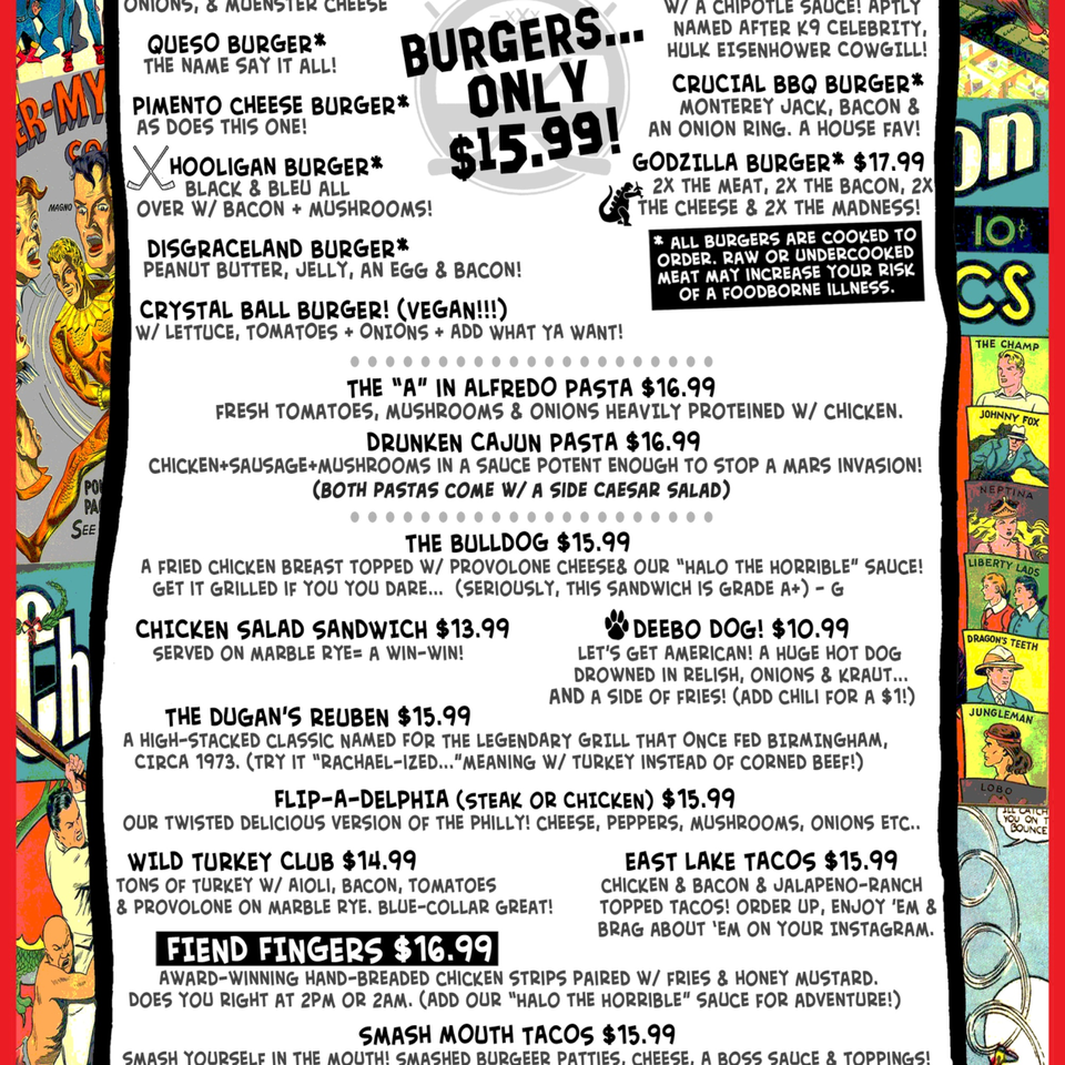 A restaurant menu with various burger, pasta, sandwich, hot dog, and taco options, featuring comic book art.