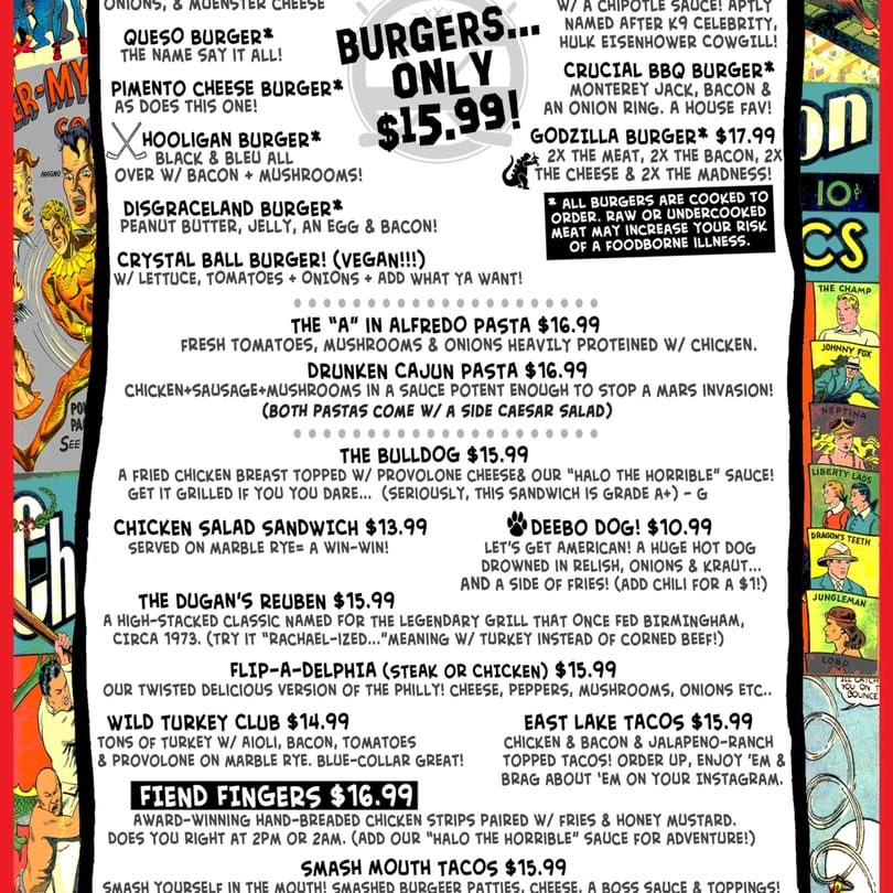 A restaurant menu with various burger, pasta, sandwich, hot dog, and taco options, featuring comic book art.