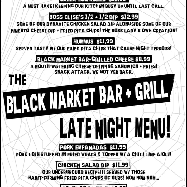 Black Market Bar and Grill's late night menu, featuring various appetizers and snacks.