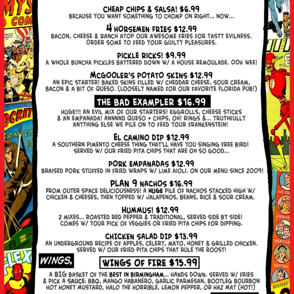 A restaurant menu featuring appetizers and wings, with comic book art borders.