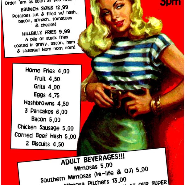 A vintage-style illustration of a woman in a striped shirt next to a Black Market Bar and Grill menu.