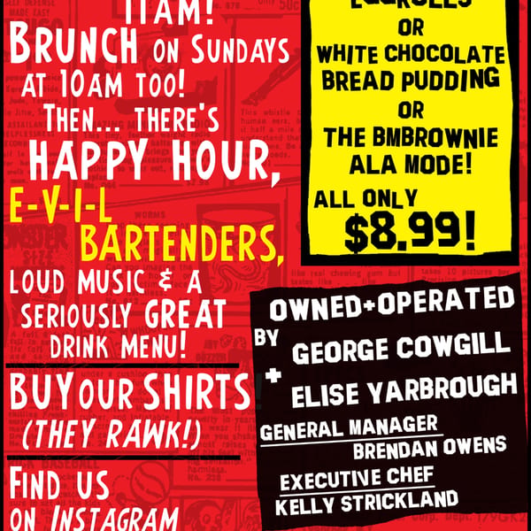 A vibrant red and yellow poster advertises brunch, happy hour, desserts, and restaurant ownership details.