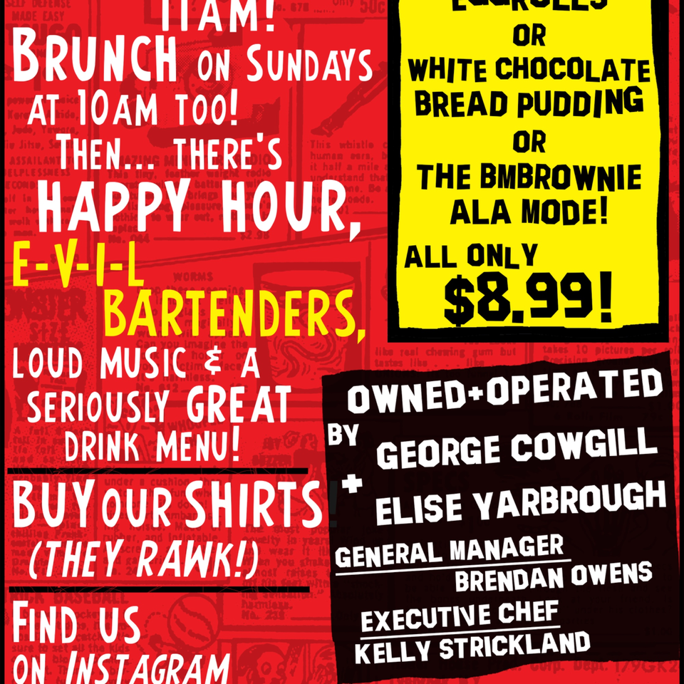 A vibrant red and yellow poster advertises brunch, happy hour, desserts, and restaurant ownership details.