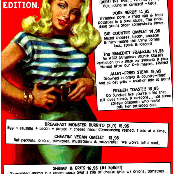 A retro-style illustration of a blonde woman in a striped shirt, with a menu of Black Market Bar and Grill items.