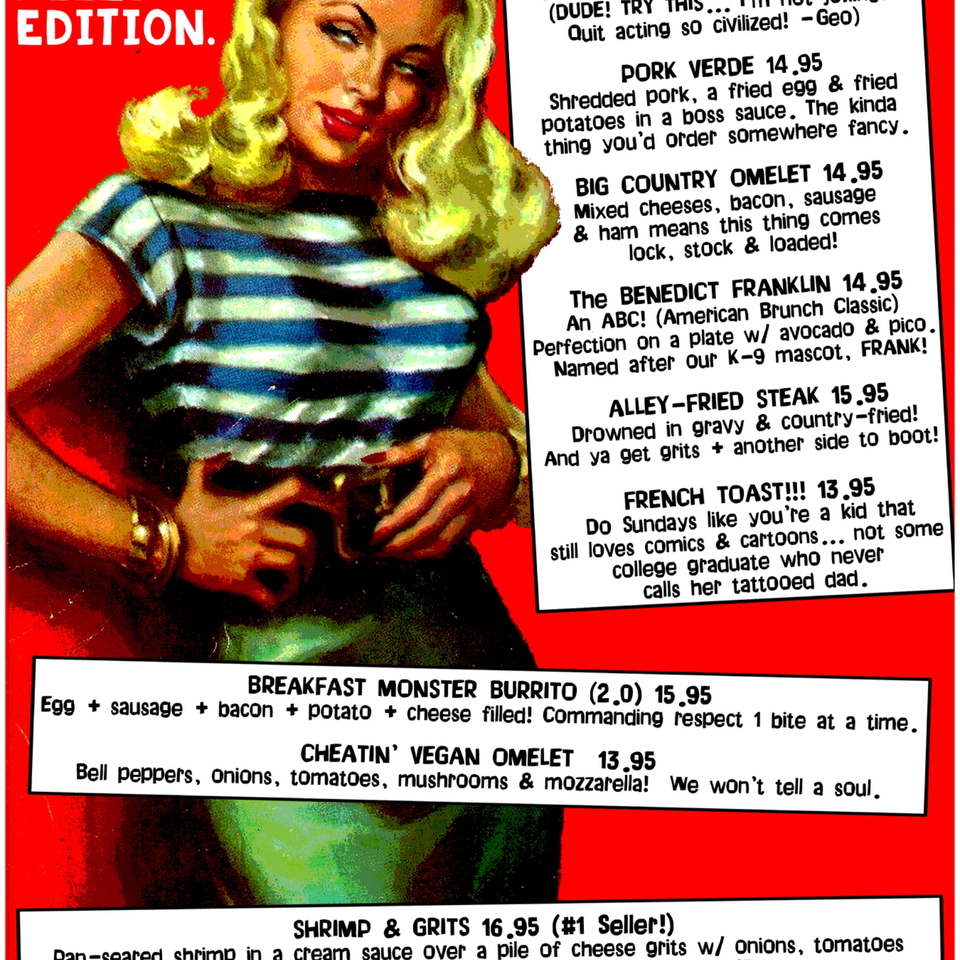 A retro-style illustration of a blonde woman in a striped shirt, with a menu of Black Market Bar and Grill items.